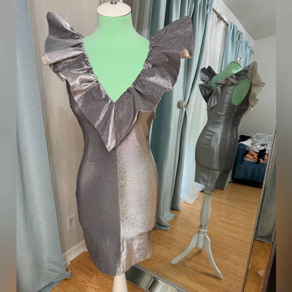 Pinko celebration Elegant Silver Ruffle mini silver Dress